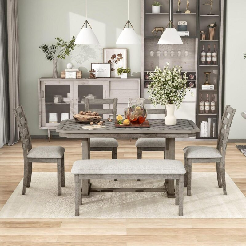 EUROCO 60  6-Piece Dining Table Set,Modern Home Dining Room Set with Table,Bench and 4 Cushioned Chairs,Solid Wood Rectangular Table and Chair Set, Kitchen Table Set for Dining Room - Image 2