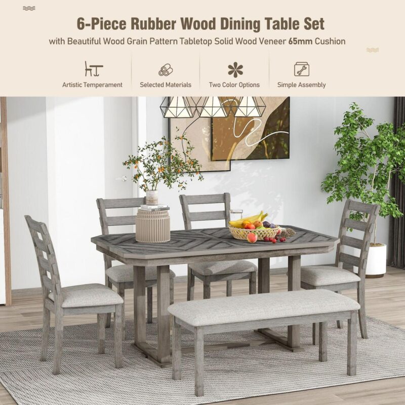 EUROCO 60  6-Piece Dining Table Set,Modern Home Dining Room Set with Table,Bench and 4 Cushioned Chairs,Solid Wood Rectangular Table and Chair Set, Kitchen Table Set for Dining Room - Image 3