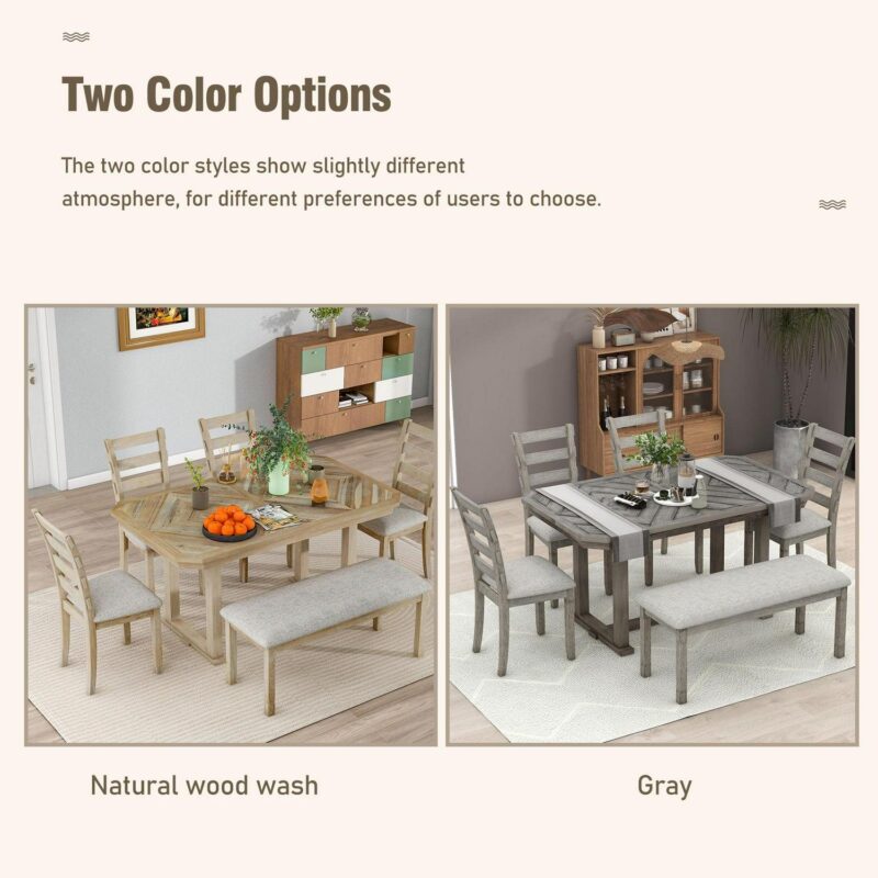 EUROCO 60  6-Piece Dining Table Set,Modern Home Dining Room Set with Table,Bench and 4 Cushioned Chairs,Solid Wood Rectangular Table and Chair Set, Kitchen Table Set for Dining Room - Image 4