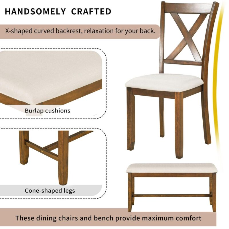 EUROCO 6-Piece Kitchen Dining Table Set Wooden Rectangular Dining Table, 4 Fabric Chairs and Bench Family Furniture - Image 6