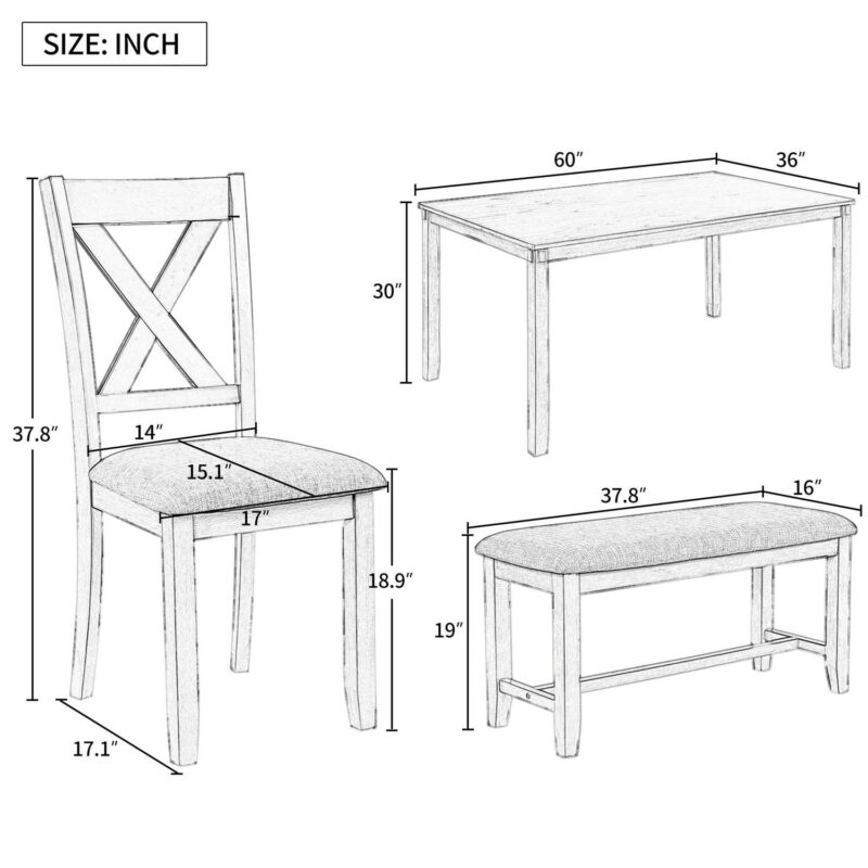 EUROCO 6-Piece Kitchen Dining Table Set Wooden Rectangular Dining Table, 4 Fabric Chairs and Bench Family Furniture - Image 9