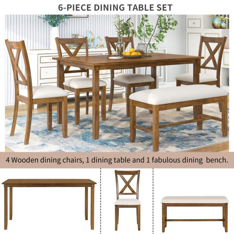 EUROCO 6-Piece Kitchen Dining Table Set Wooden Rectangular Dining Table, 4 Fabric Chairs and Bench Family Furniture - Image 4
