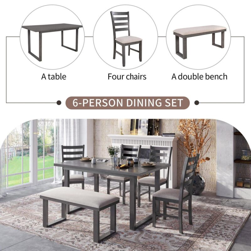 EUROCO 6-Pieces Family Furniture, Solid Wood Dining Room Set with Rectangular Table and 4 Chairs with Bench - Image 3