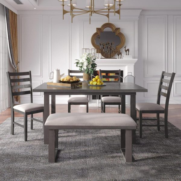 EUROCO 6-Pieces Family Furniture, Solid Wood Dining Room Set with Rectangular Table and 4 Chairs with Bench