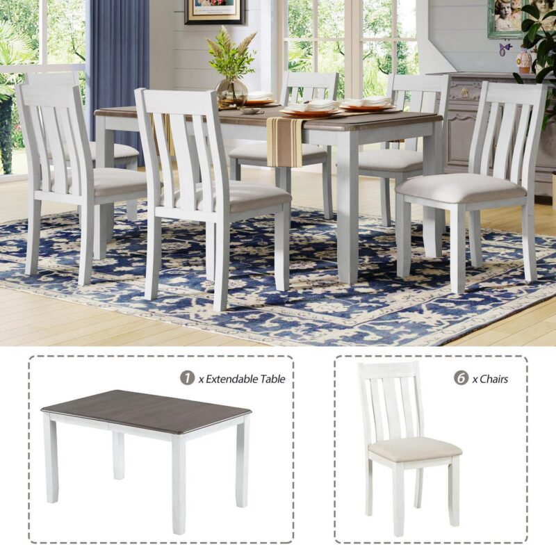 EUROCO 7 Piece Solid Wood Dining Set,70  Dining Room Table Set with Extendable Table,Removable Leaf and 6 Upholstered Ergonomically Desiged Chairs,Rectangle Dining Table Set for 6-8 - Image 8