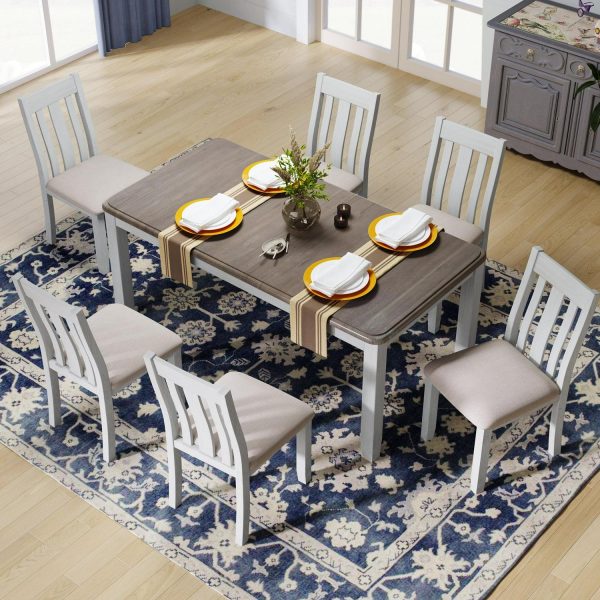 EUROCO 7 Piece Solid Wood Dining Set,70  Dining Room Table Set with Extendable Table,Removable Leaf and 6 Upholstered Ergonomically Desiged Chairs,Rectangle Dining Table Set for 6-8