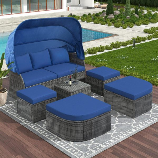 EUROCO 7-Seat Patio Furniture Sets,61.4  Wider Outdoor Sectional Sofa Set Rattan Daybed with Retractable Canopy,Adjustable Backrest, Storable Tea Table Rectangle Sunbed for Backyard Garden Poolside