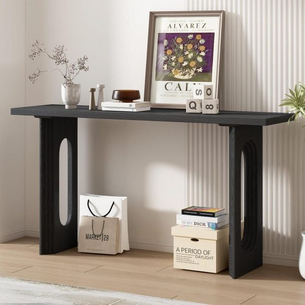 EUROCO Modern Console Table with Round Hollow Legs ,59.2  Long Narrow Sofa Table Behind The Couch, Fraxinus Mandschuric Solid Wood Veneer Entryway Table for Entrance, Hallway, Living Room,Black