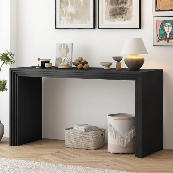 EUROCO Modern Console Table,59.2  Long Narrow Sofa Table Behind The Couch,Paulownia Solid Wood Veneer Rectangular Entryway Table for Entrance, Hallway, Living Room, Black