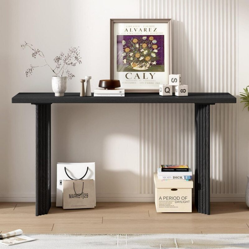 EUROCO Modern Console Table with Round Hollow Legs ,59.2  Long Narrow Sofa Table Behind The Couch, Fraxinus Mandschuric Solid Wood Veneer Entryway Table for Entrance, Hallway, Living Room,Black - Image 2