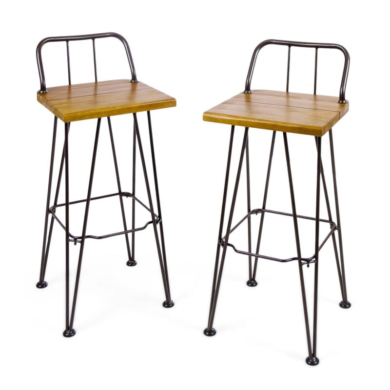 Edward Outdoor Industrial Acacia Wood Barstools with Iron Frame, Set of 2, Teak, Rustic Metal - Image 5