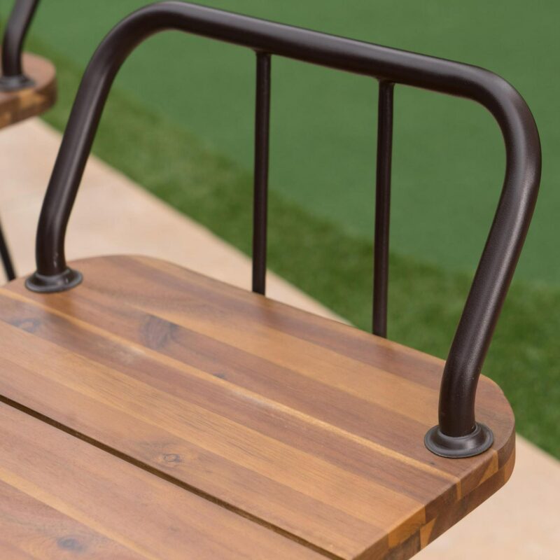 Edward Outdoor Industrial Acacia Wood Barstools with Iron Frame, Set of 2, Teak, Rustic Metal - Image 4