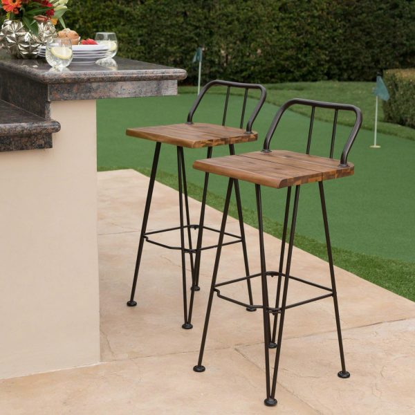 Edward Outdoor Industrial Acacia Wood Barstools with Iron Frame, Set of 2, Teak, Rustic Metal