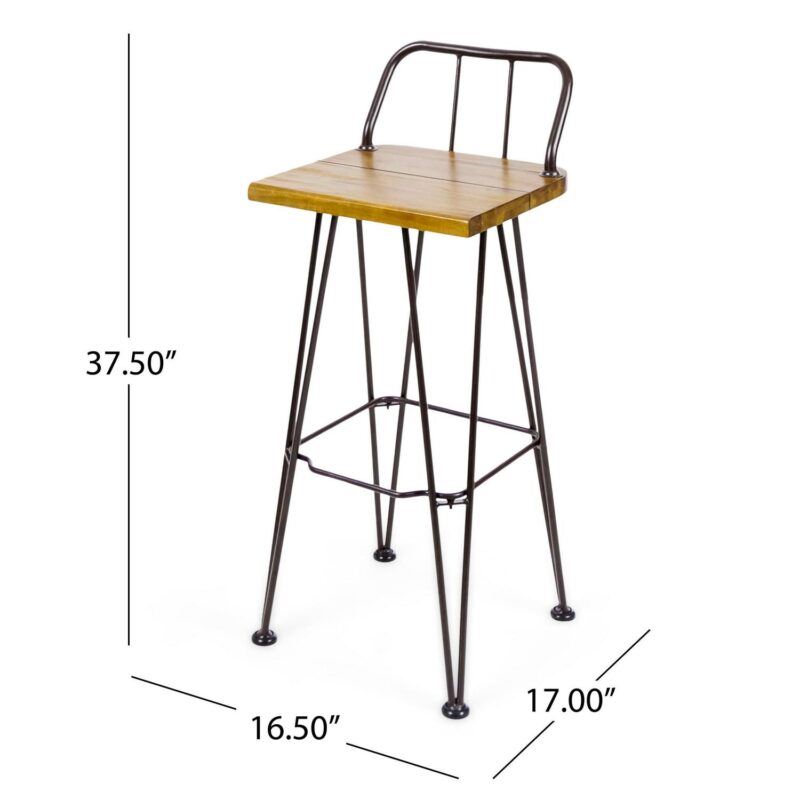 Edward Outdoor Industrial Acacia Wood Barstools with Iron Frame, Set of 2, Teak, Rustic Metal - Image 3