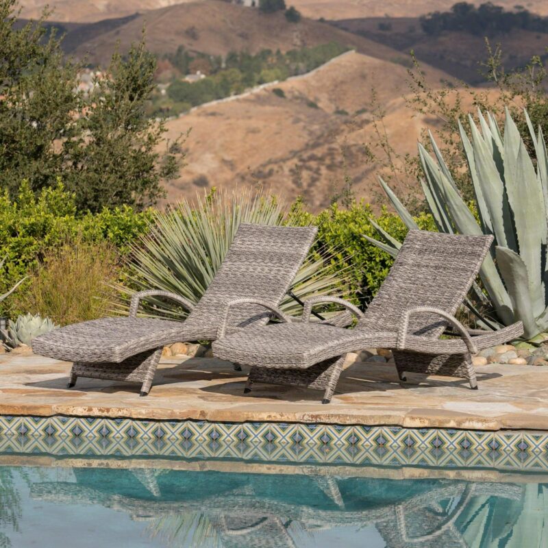 Emerald Outdoor Armed Wicker Chaise Lounge, Set of 2, Grey