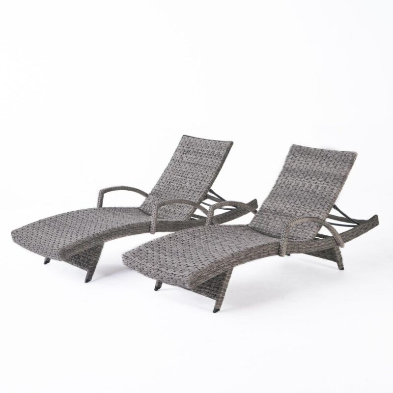 Emerald Outdoor Armed Wicker Chaise Lounge, Set of 2, Grey - Image 9