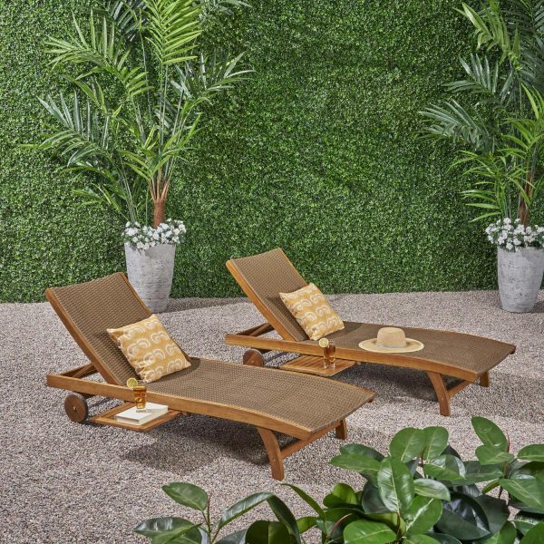Emmanuel Outdoor Wicker and Wood Chaise Lounge with Pull-Out Tray, Set of 2, Brown, Teak