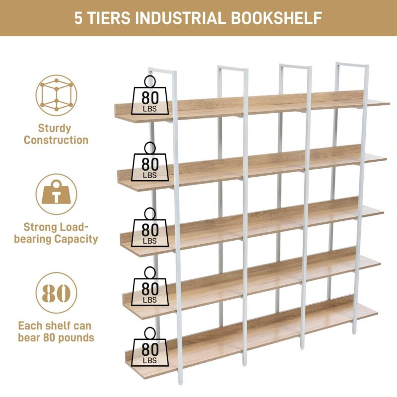 Euroco 5 Tier Bookcase with Open Shelves, Industrial Bookshelf with Metal Frame, 71  Bookshelf for Home Office, Oak and White - Image 5