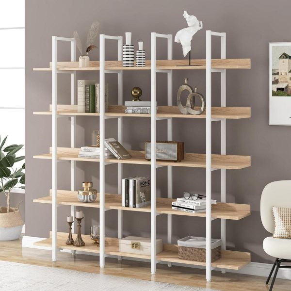 Euroco 5 Tier Bookcase with Open Shelves, Industrial Bookshelf with Metal Frame, 71  Bookshelf for Home Office, Oak and White