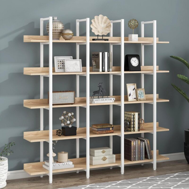 Euroco 5 Tier Bookcase with Open Shelves, Industrial Bookshelf with Metal Frame, 71  Bookshelf for Home Office, Oak and White - Image 2