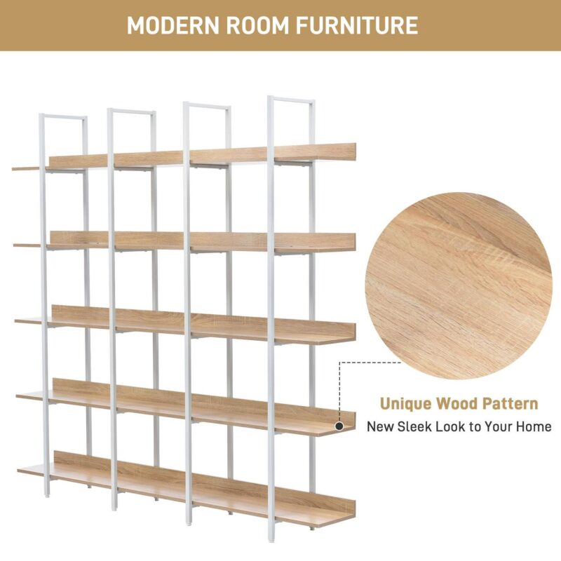 Euroco 5 Tier Bookcase with Open Shelves, Industrial Bookshelf with Metal Frame, 71  Bookshelf for Home Office, Oak and White - Image 4