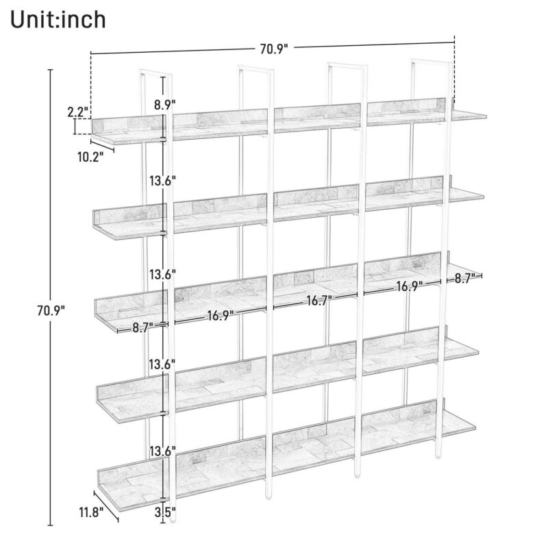 Euroco 5 Tier Bookcase with Open Shelves, Industrial Bookshelf with Metal Frame, 71  Bookshelf for Home Office, Oak and White - Image 6