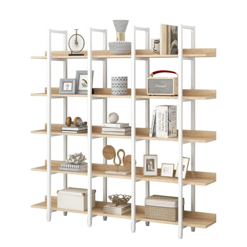 Euroco 5 Tier Bookcase with Open Shelves, Industrial Bookshelf with Metal Frame, 71  Bookshelf for Home Office, Oak and White - Image 7