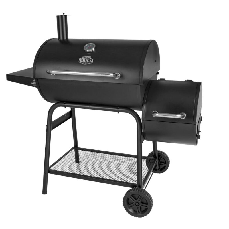 Expert Grill 28  Charcoal Offset Smoker Grill with Side Firebox, Black, New