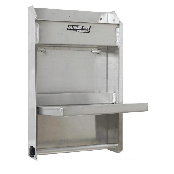Extreme Max 5001.6053 Junior Aluminum Work Station Storage Cabinet Flip-Out Work Tray with Paper Towel Rack Organizer for Enclosed Race Trailer Shop Garage Storage - Silver