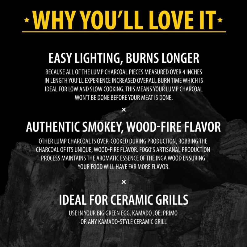 FOGO Super Premium Hardwood Lump Charcoal, Natural, Large Sized Lump Charcoal for Grilling and Smoking, Restaurant Quality, 17.6 Pound Bag, 2-Pack - Image 5