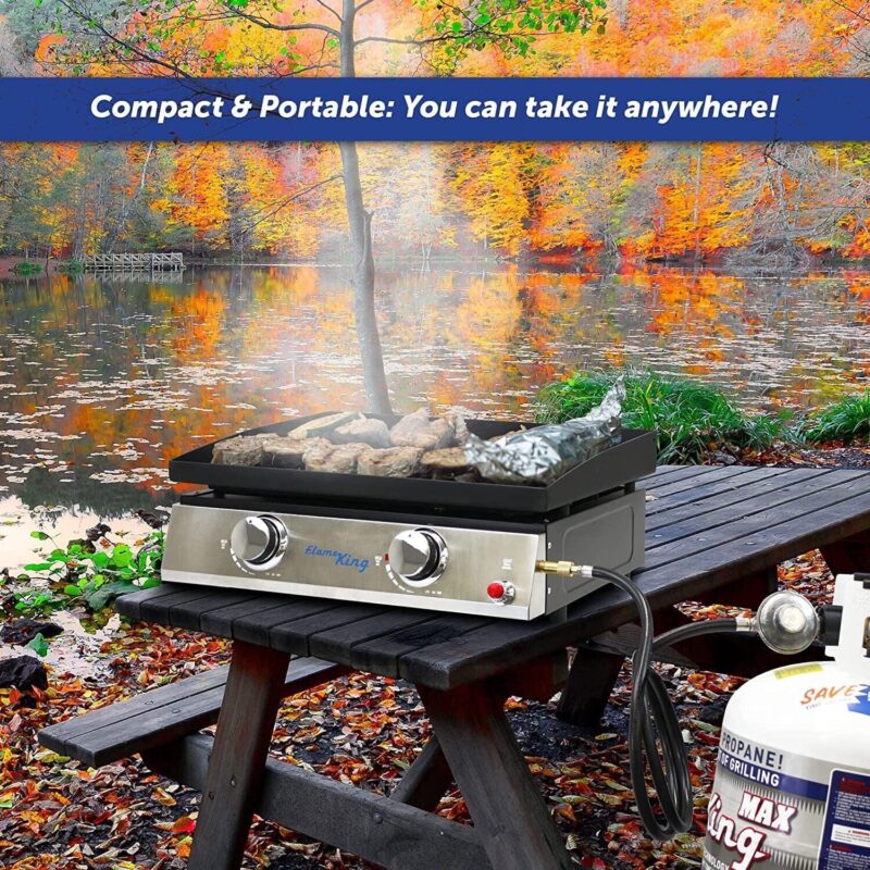 Flame King Portable Tabletop Propane Griddle Grill for Outdoor Cooking, Cast Iron, 2-Burner - Image 8