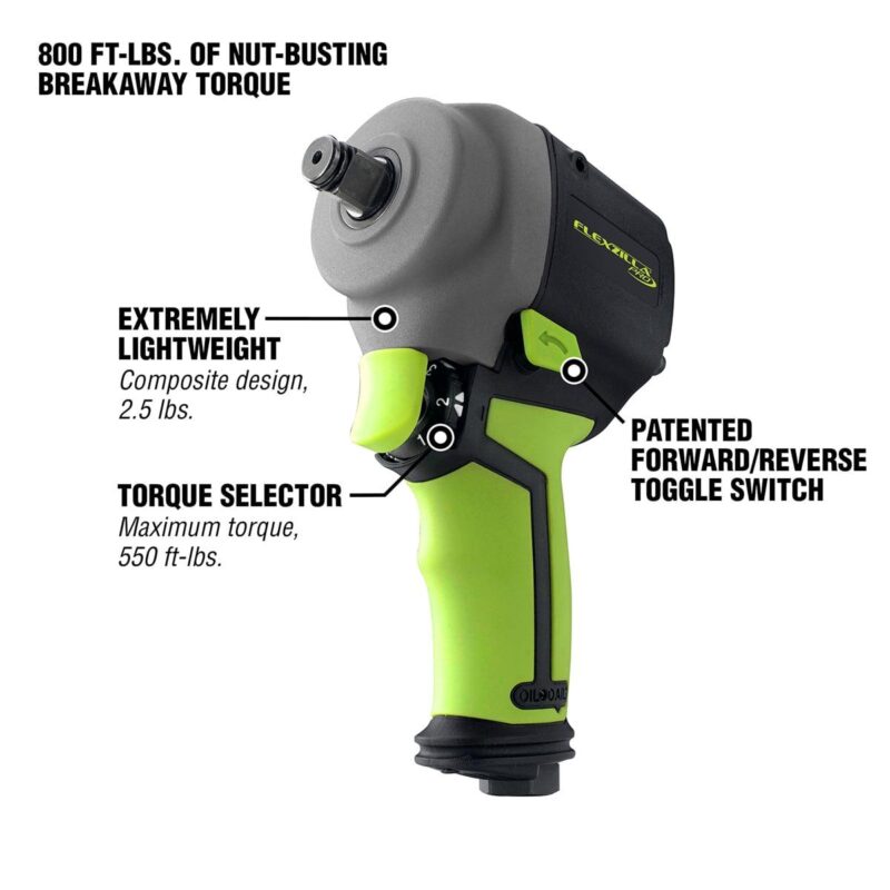 FlexzillaA Pro Mini Impact Wrench, 1/2  Drive, with Flexzilla Pro High Flow Ball Swivel Plug, ZillaGreena c - Image 3