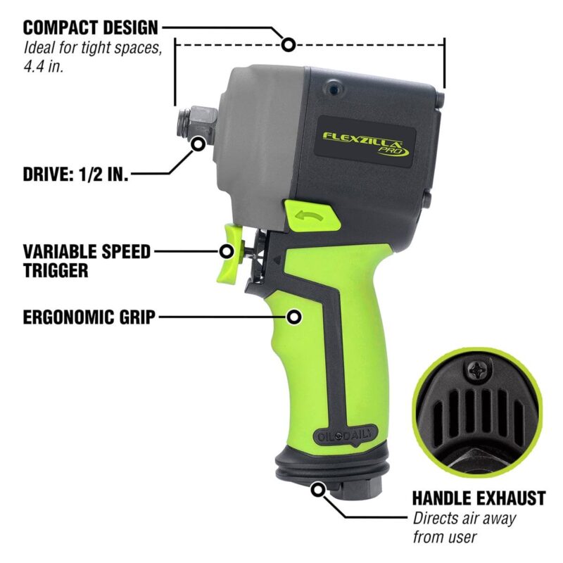 FlexzillaA Pro Mini Impact Wrench, 1/2  Drive, with Flexzilla Pro High Flow Ball Swivel Plug, ZillaGreena c - Image 4