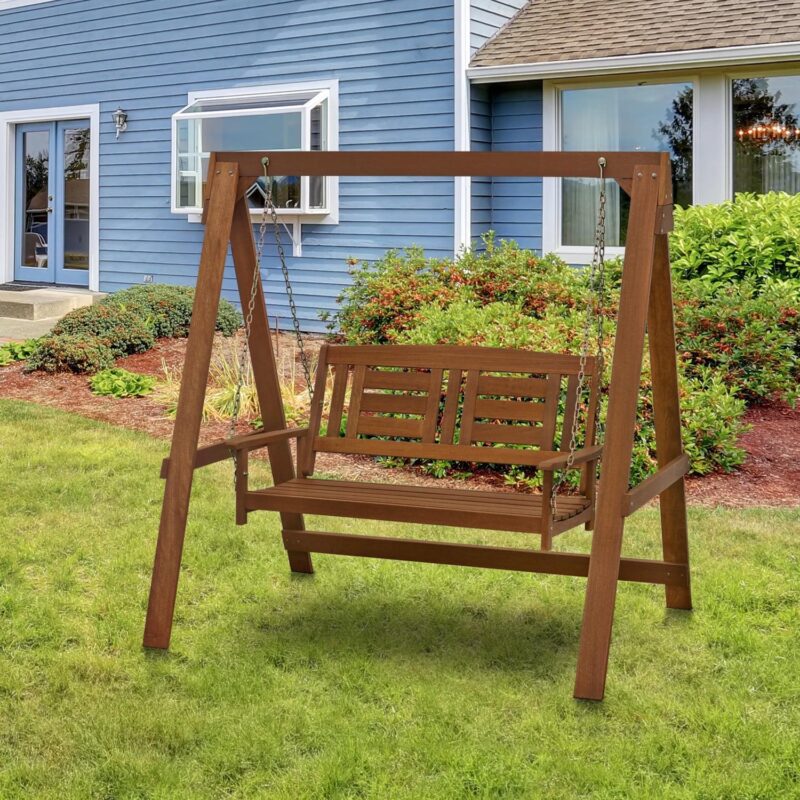 Furinno Tioman Hardwood Hanging Porch Swing with Stand in Teak Oil, Natural - Image 4