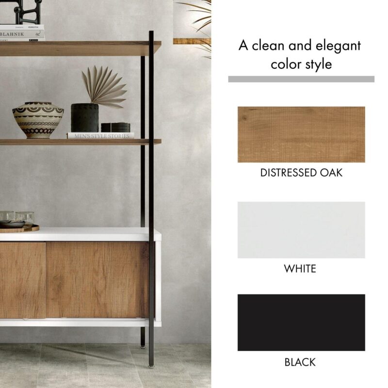 Furniture of America Trist Transitional 3-Shelf Bookcase with Sliding Doors, White and Oak - Image 7