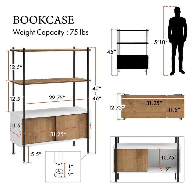 Furniture of America Trist Transitional 3-Shelf Bookcase with Sliding Doors, White and Oak - Image 16