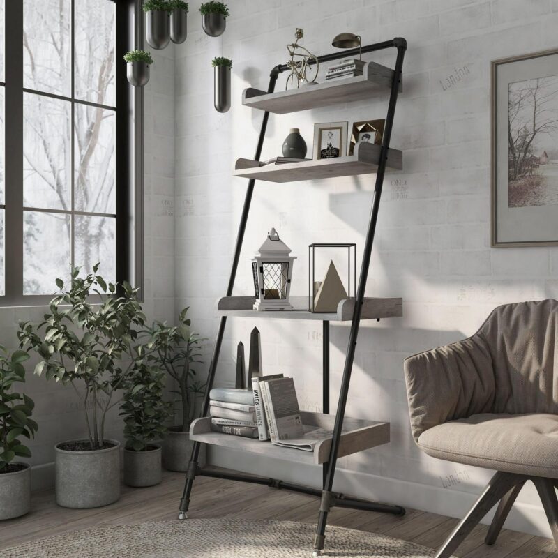 Furniture of America Annders 4-Tier Display Shelf, Gray Oak