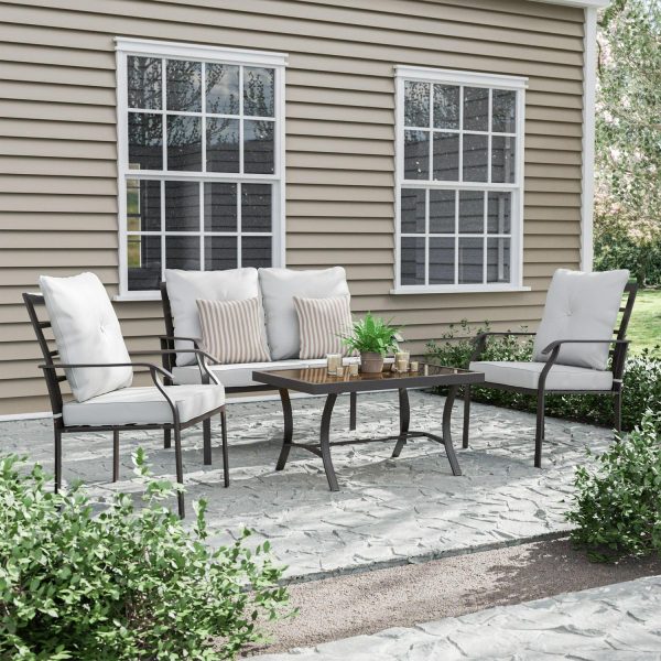 Furniture of America Wave Juego de ConversaciA3n de Metal para Patio Exterior de 4 Pzas, Beige