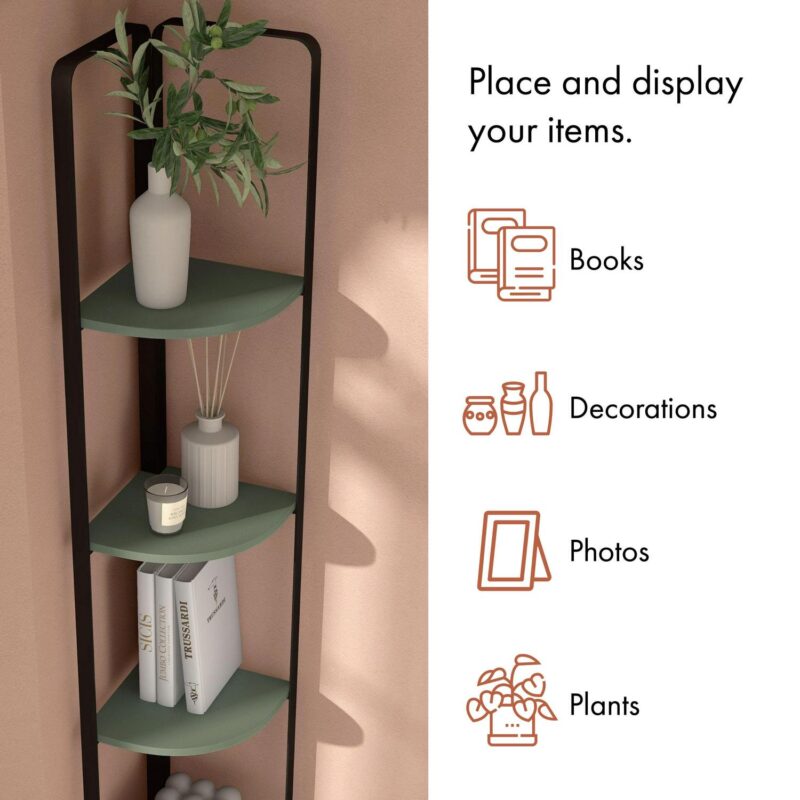 Furniture of America Kono Adult Contemporary 5-Shelf Corner Bookcase, Sage Green - Image 7