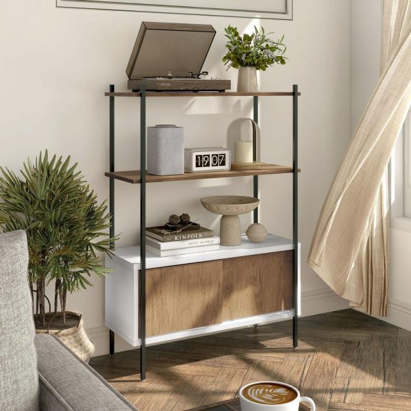 Furniture of America Trist Transitional 3-Shelf Bookcase with Sliding Doors, White and Oak