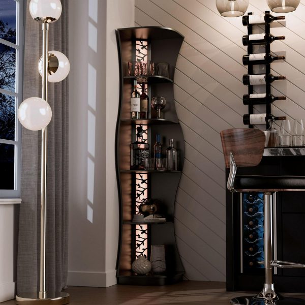Furniture of America Wilton Adult Contemporary 5-Shelf Corner Bookcase with LED Light, Black Pure