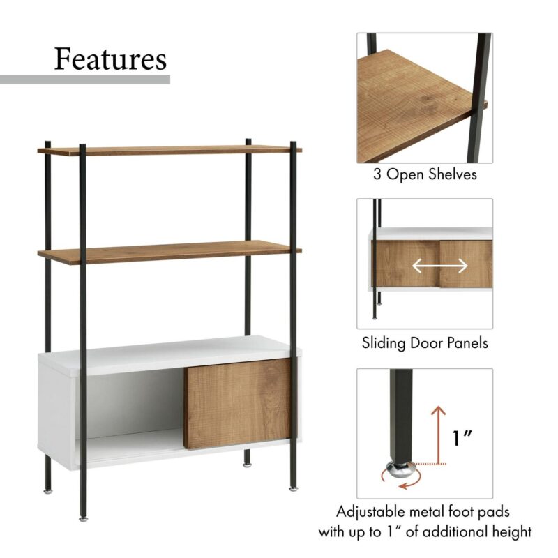 Furniture of America Trist Transitional 3-Shelf Bookcase with Sliding Doors, White and Oak - Image 9