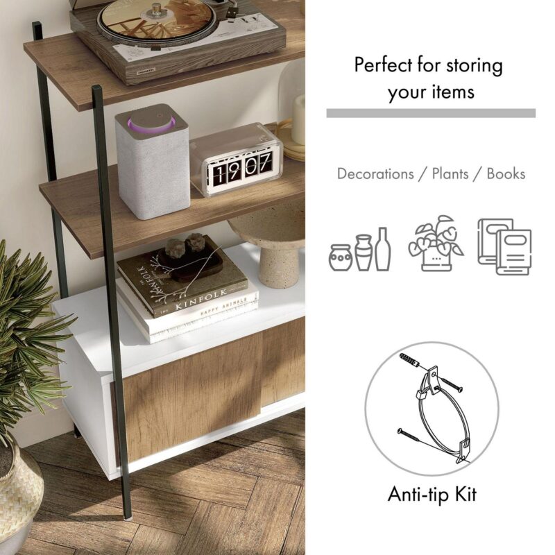 Furniture of America Trist Transitional 3-Shelf Bookcase with Sliding Doors, White and Oak - Image 10