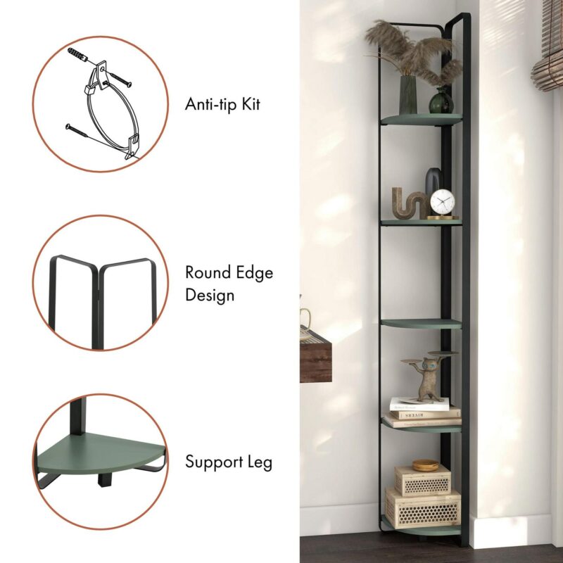 Furniture of America Kono Adult Contemporary 5-Shelf Corner Bookcase, Sage Green - Image 8