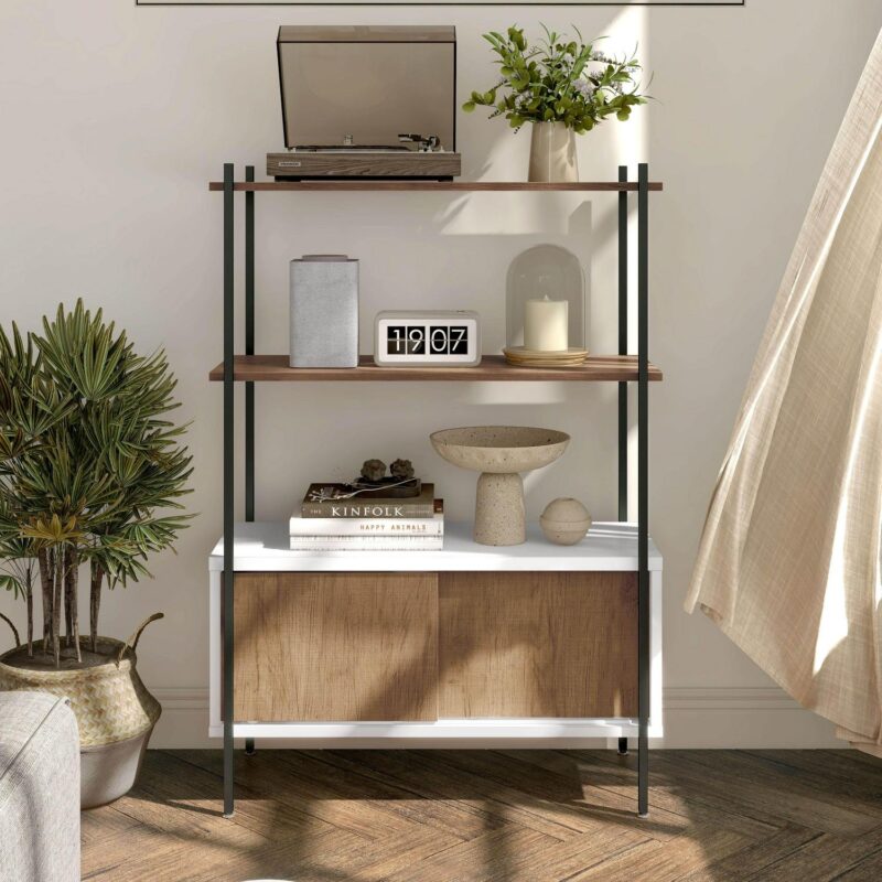 Furniture of America Trist Transitional 3-Shelf Bookcase with Sliding Doors, White and Oak - Image 14