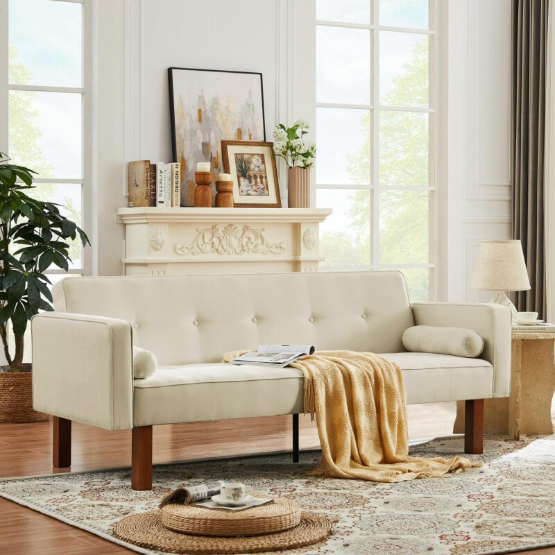 Futon Sofa Bed Convertible Couch Bed with Armrests,Modern Living Room Fabric Linen Sofa Bed,Folding Recliner Futon Couch Sleeper Set,Beige
