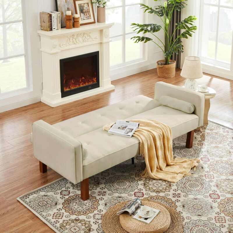 Futon Sofa Bed Convertible Couch Bed with Armrests,Modern Living Room Fabric Linen Sofa Bed,Folding Recliner Futon Couch Sleeper Set,Beige - Image 4