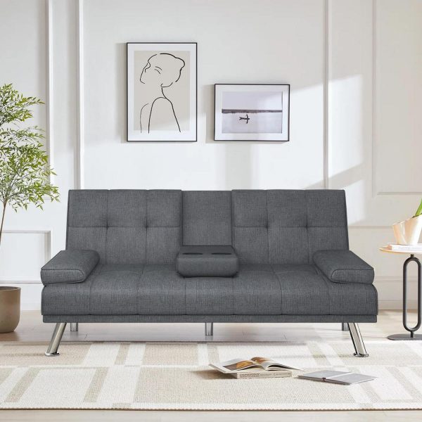Futon Sofa Bed, Modern Faux Suede Convertible Futon Sofa Bed with Adjustable Back, Gray