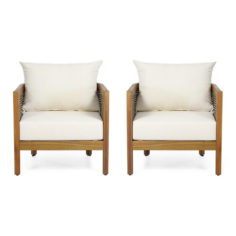 GDF Studio Morrow Cushioned Acacia Wood Outdoor Lounge Chair - Set of 2 - Beige