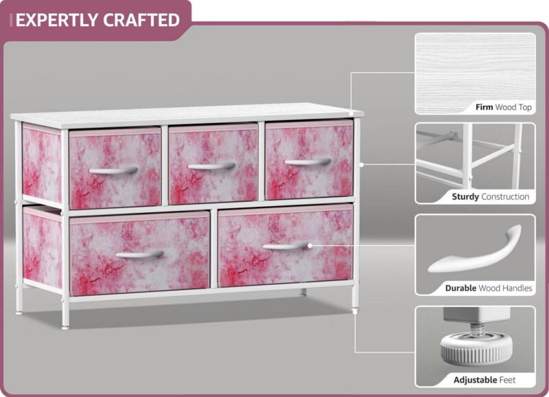 GGI International Dresser w/ 5 Drawers Furniture Storage Chest for Home, Bedroom Tie-Dye Pink - Image 9